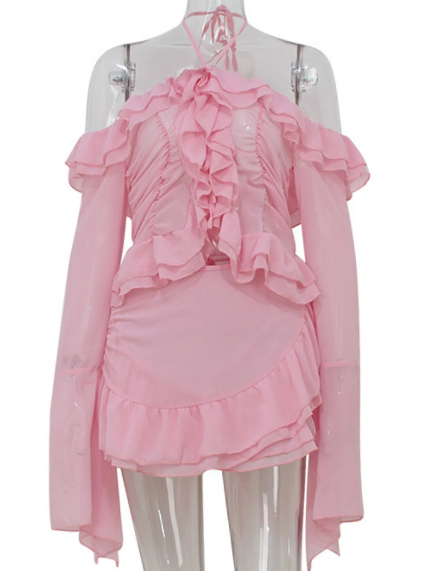 Ruffle Neck Strap Off-shoulder Long-sleeved Top And Skirt Sweet 2-piece Sets - Image 5