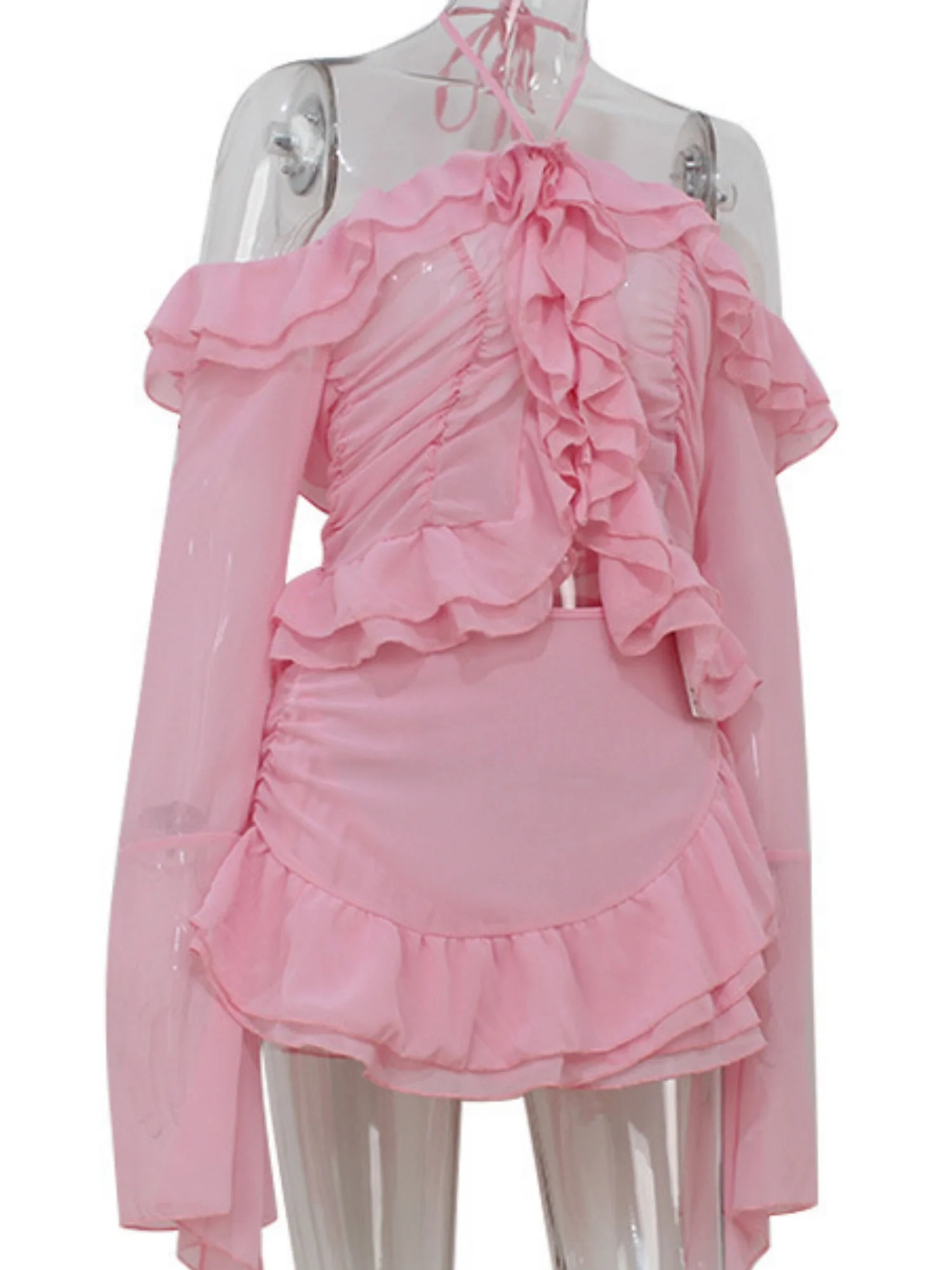 Ruffle Neck Strap Off-shoulder Long-sleeved Top And Skirt Sweet 2-piece Sets - Image 6