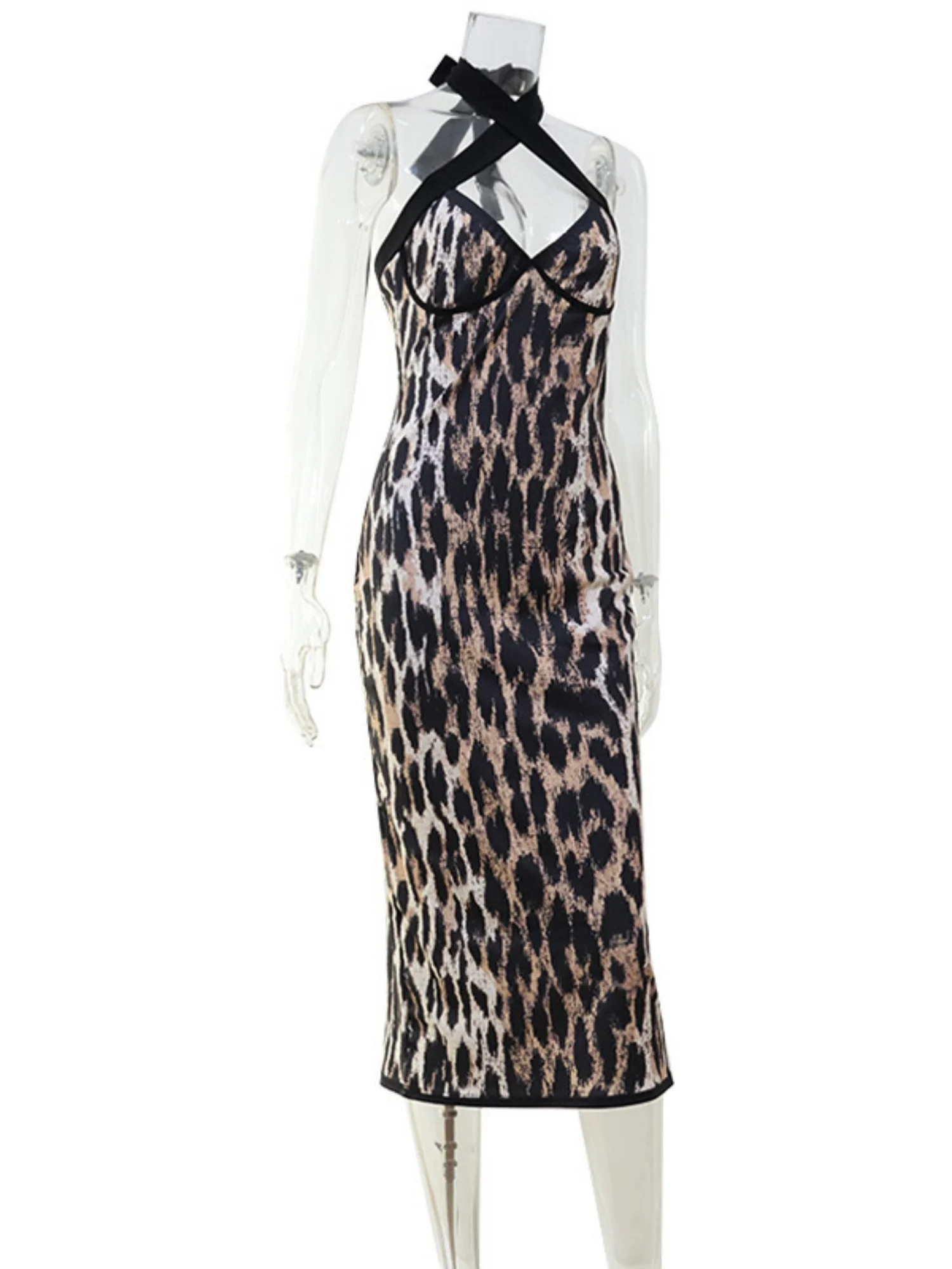 Leopard Print Cross-neck Backless And Figure-hugging Maxi Dresses - Image 4