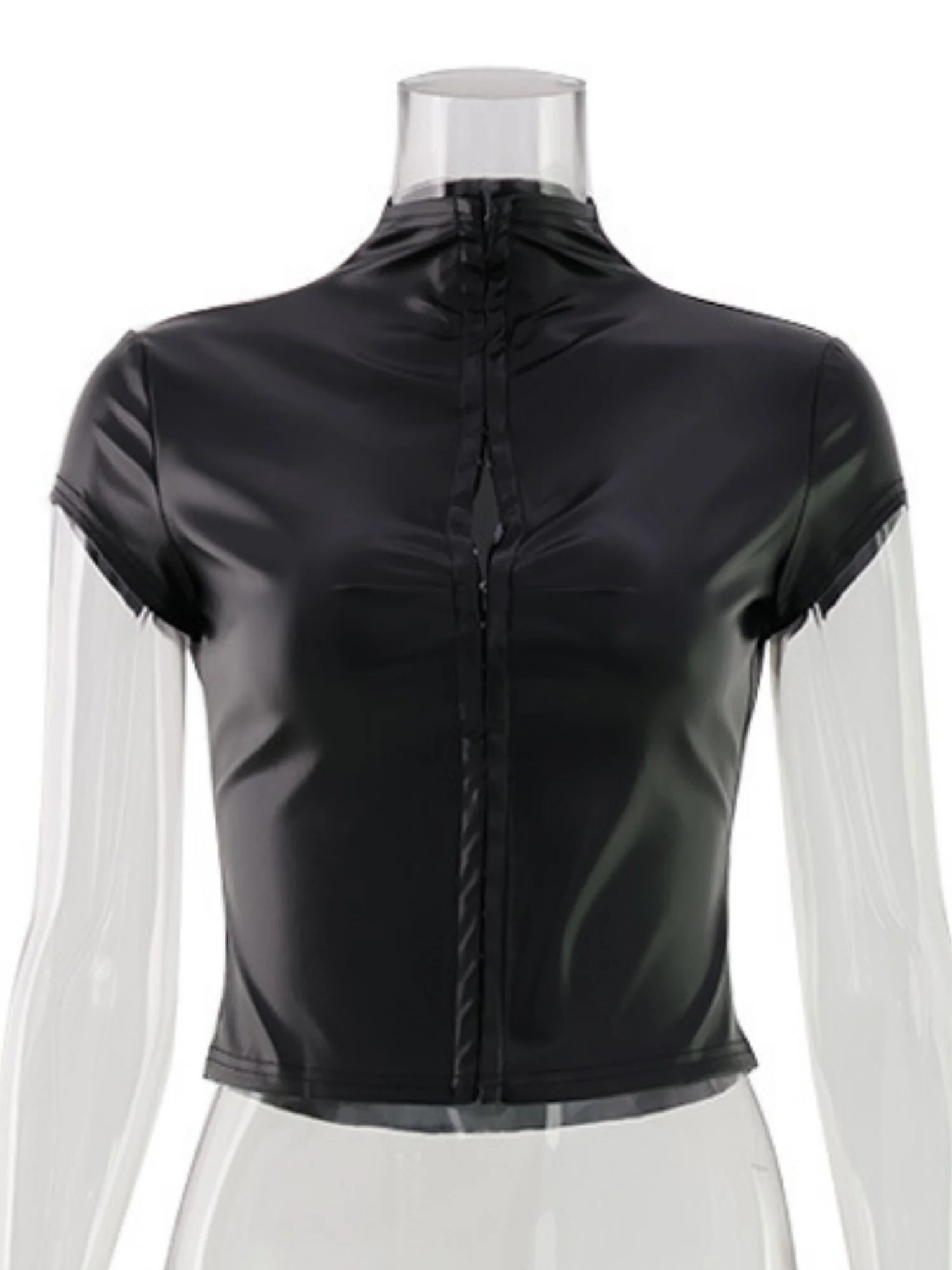 PU Leather Buttons Tight Turtleneck Short-sleeved Top - Image 4
