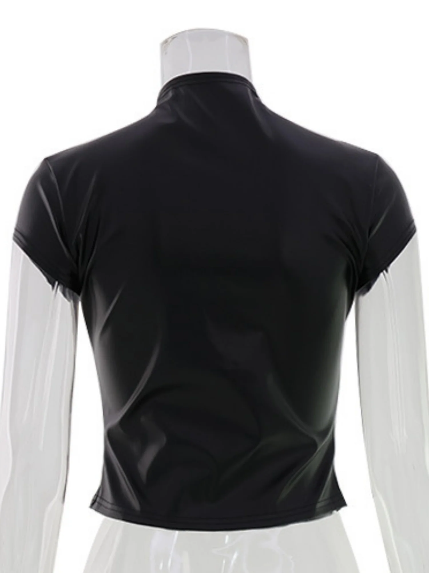PU Leather Buttons Tight Turtleneck Short-sleeved Top - Image 5