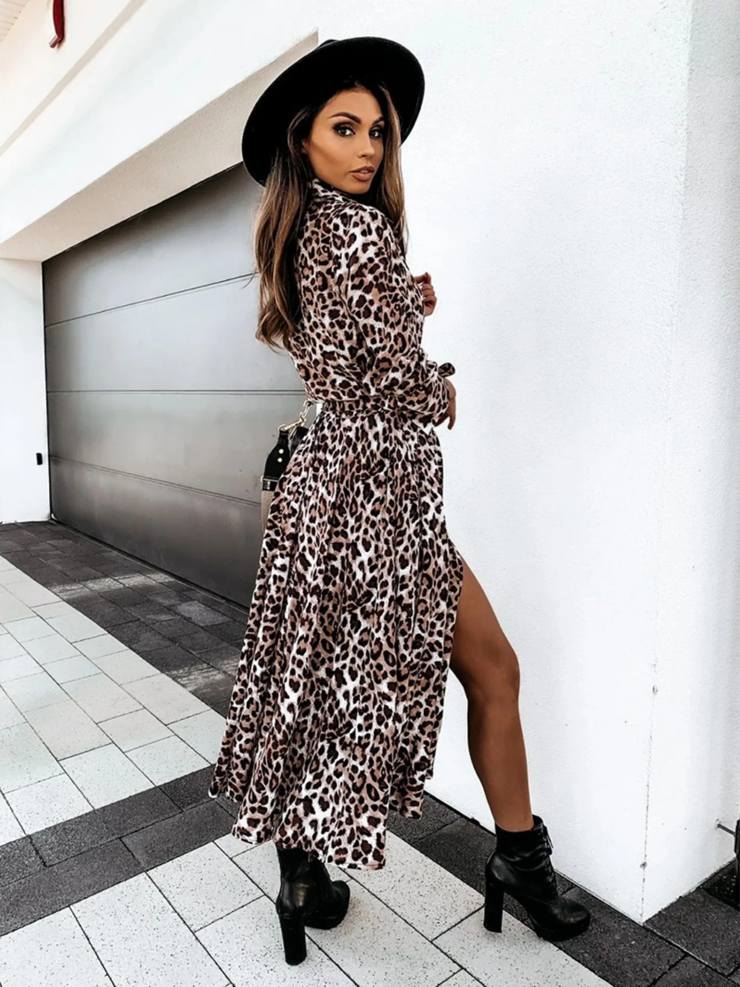 Leopard Print Long Sleeves Large Skirt Maxi Dresses - Image 2