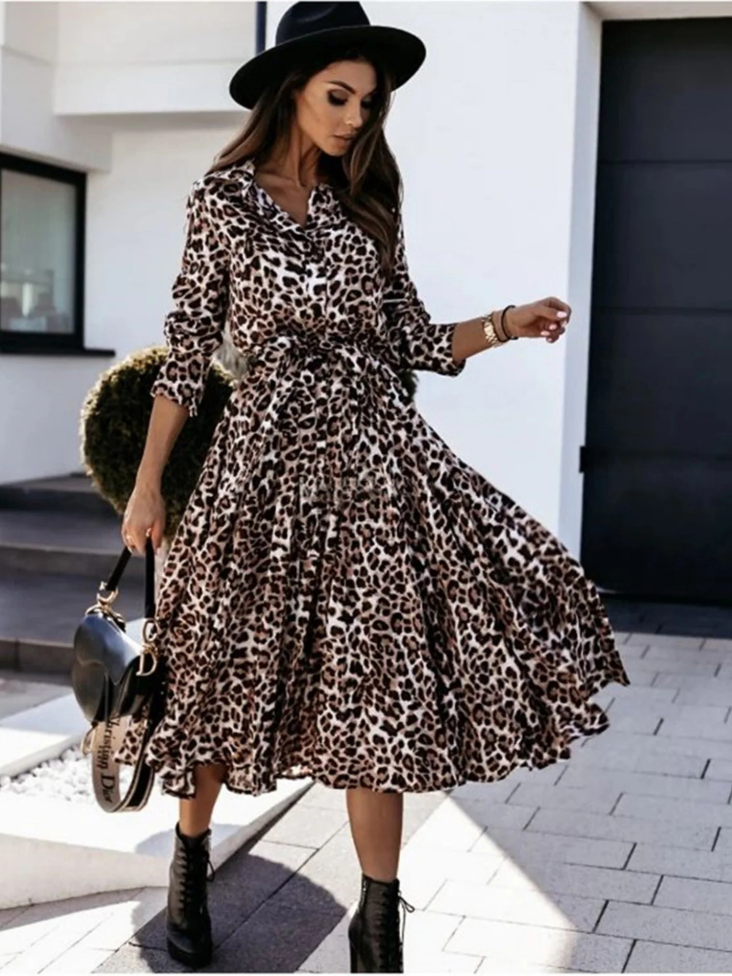 Leopard Print Long Sleeves Large Skirt Maxi Dresses - Image 3