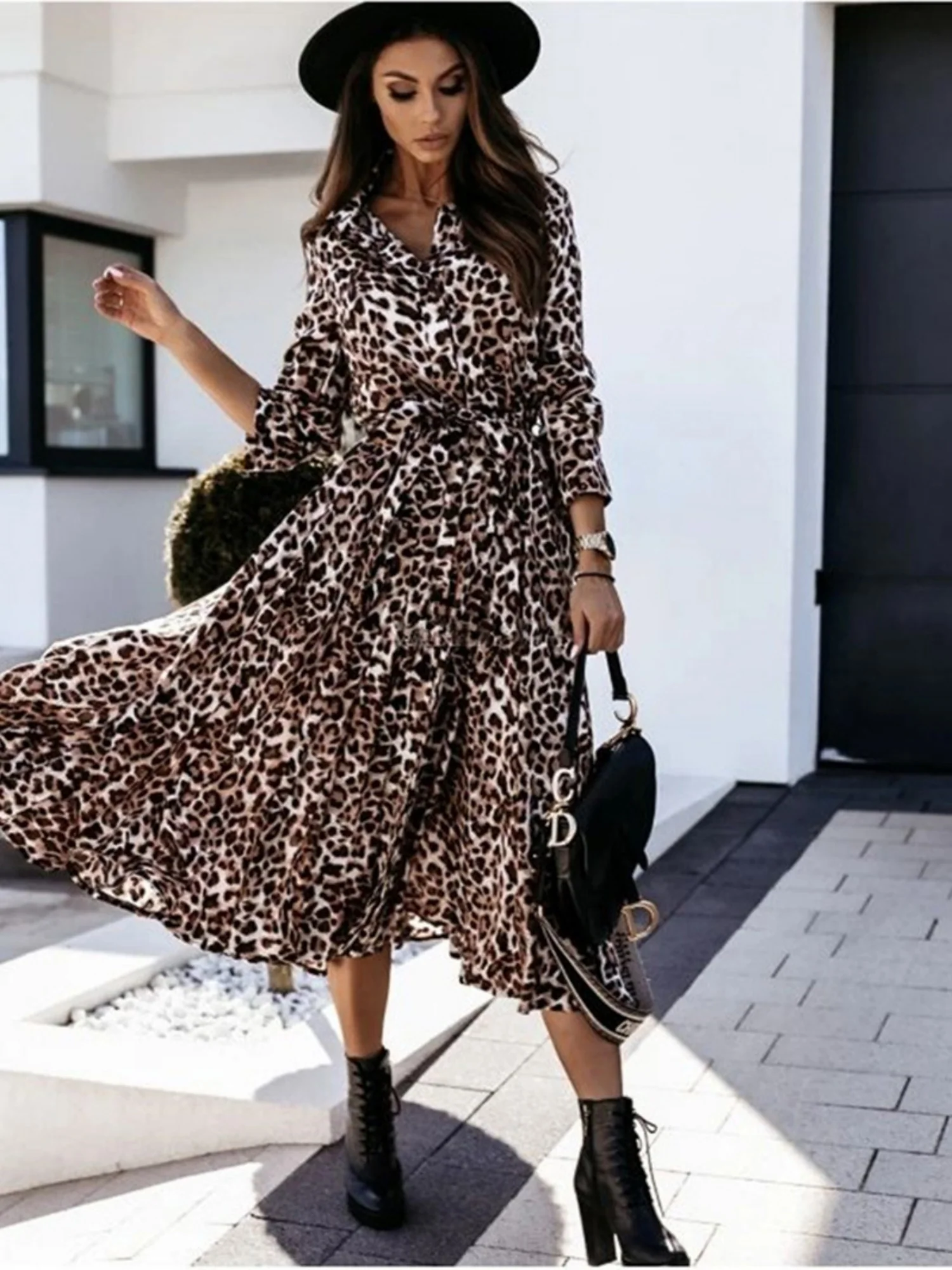 Leopard Print Long Sleeves Large Skirt Maxi Dresses - Image 4