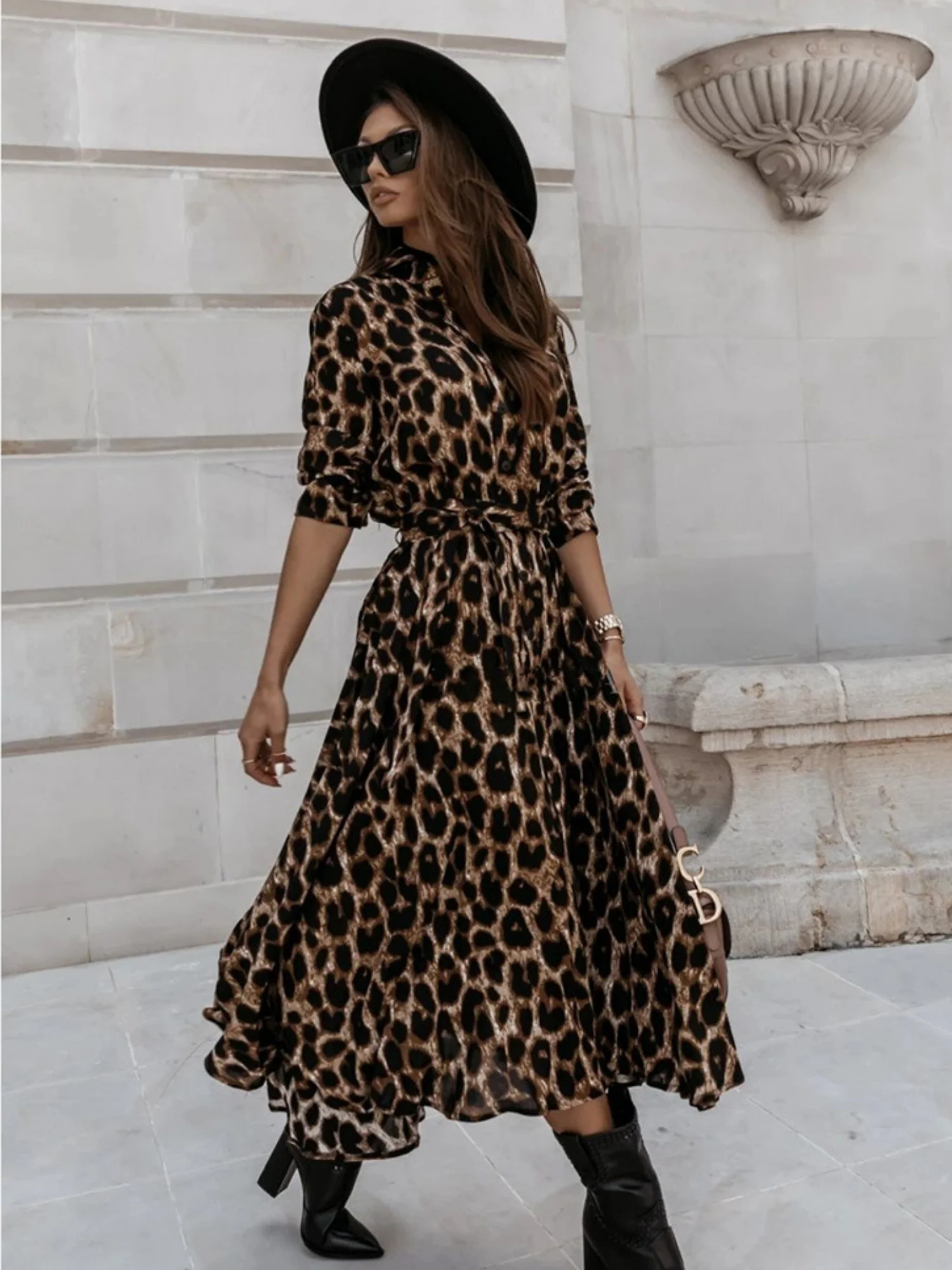 Leopard Print Long Sleeves Large Skirt Maxi Dresses - Image 5