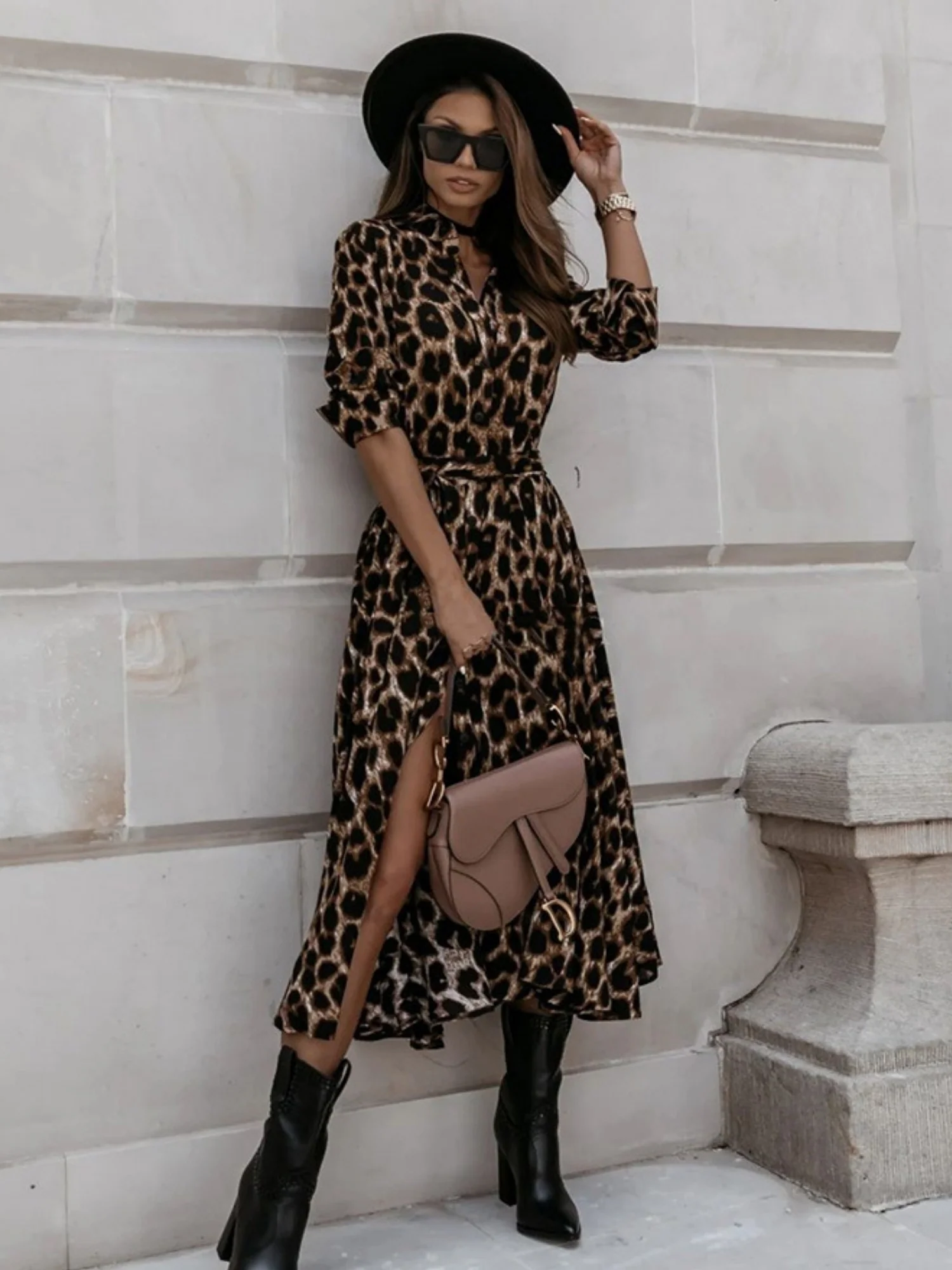 Leopard Print Long Sleeves Large Skirt Maxi Dresses - Image 6