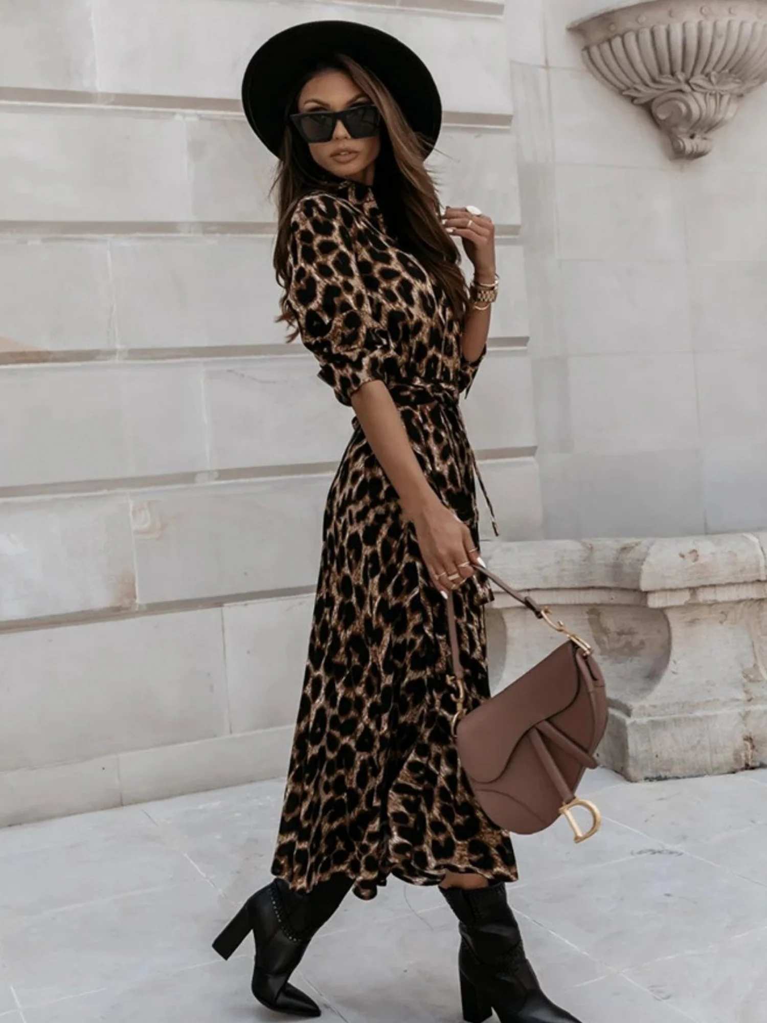 Leopard Print Long Sleeves Large Skirt Maxi Dresses - Image 7
