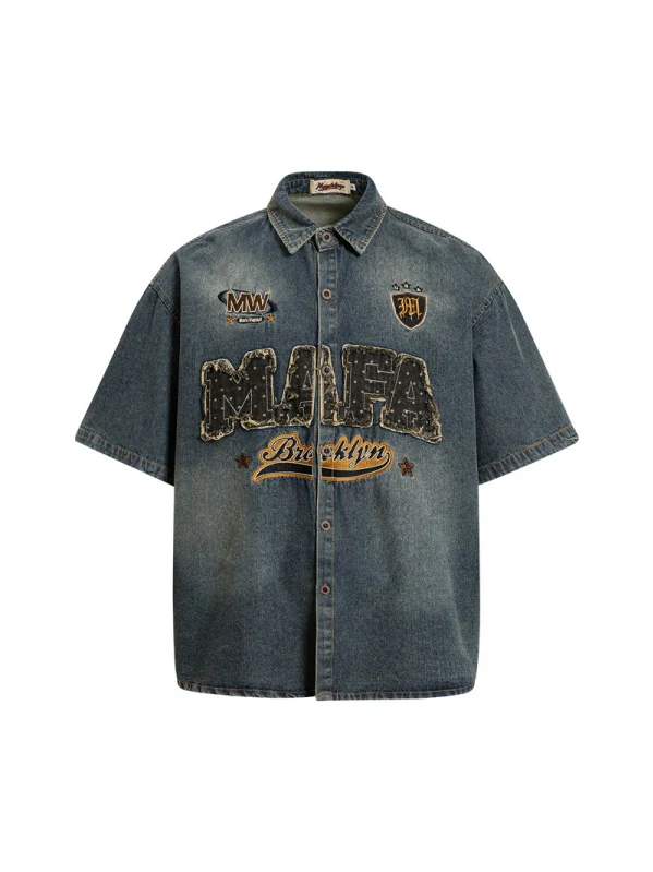 Distressed Edge Grinding Badge Denim Shirts - Image 2