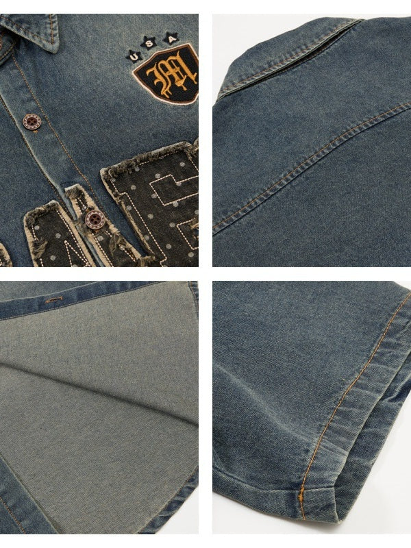 Distressed Edge Grinding Badge Denim Shirts - Image 4