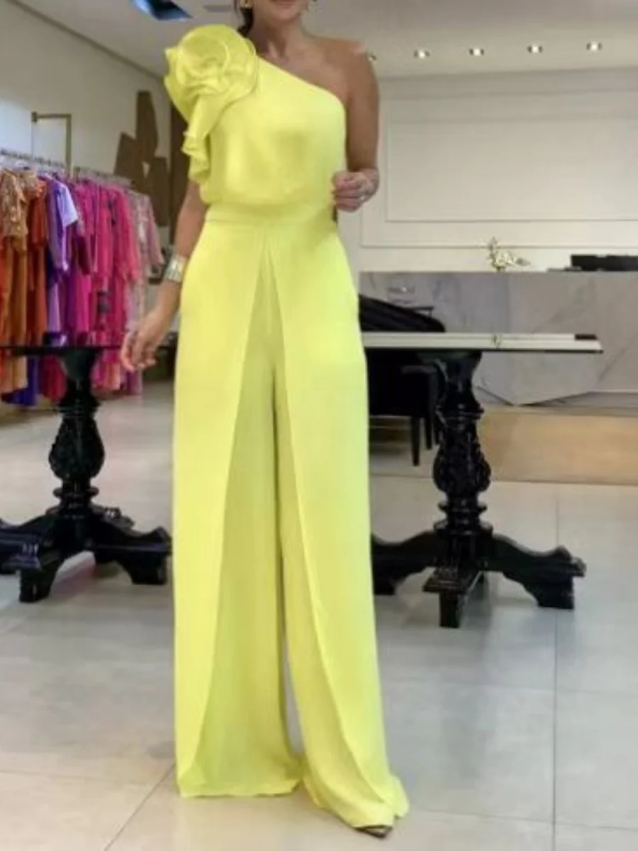 3D Flowers Chiffon Sloping Shoulders Jumpsuits
