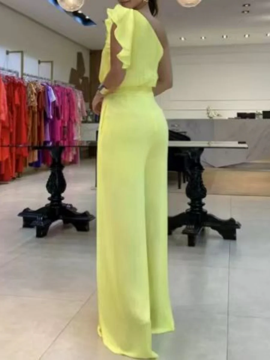 3D Flowers Chiffon Sloping Shoulders Jumpsuits - Image 5