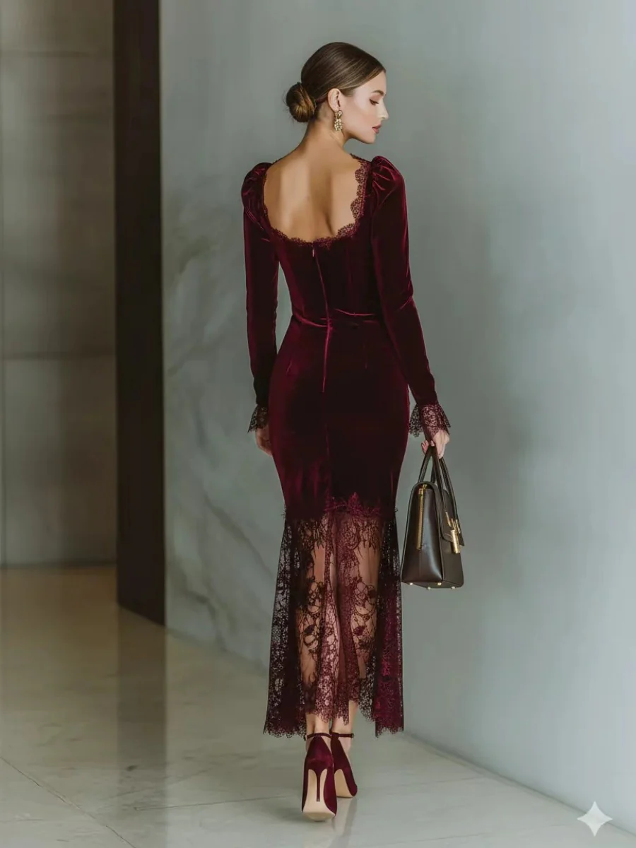 Lace Velvet Fishtail Parties Maxi Dresses - Image 4