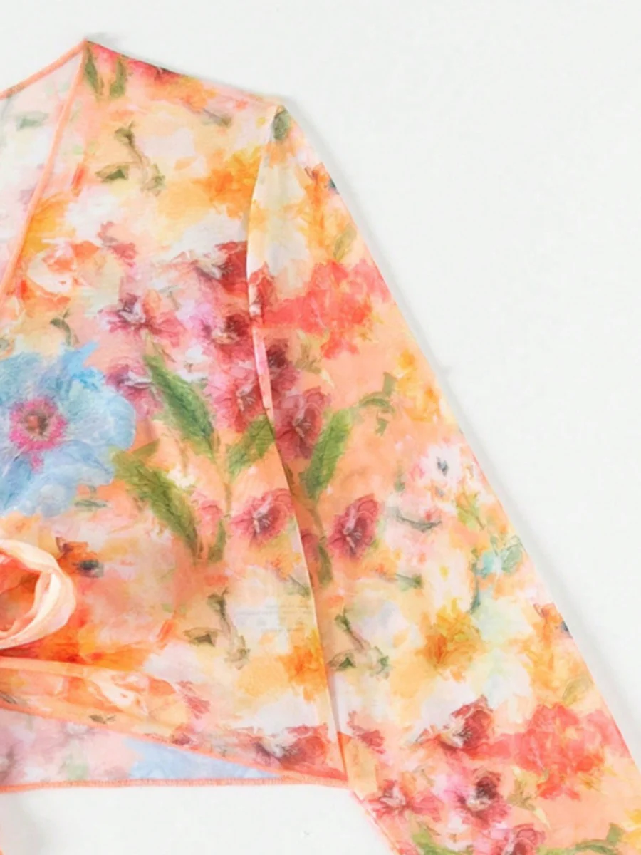 Floral Print Ruffled Bikini Four-Piece Set - Image 6