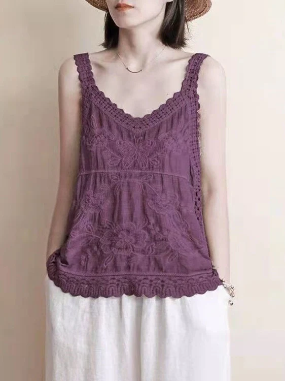 Cotton Linen Embroidered V-neck Camisole - Image 10