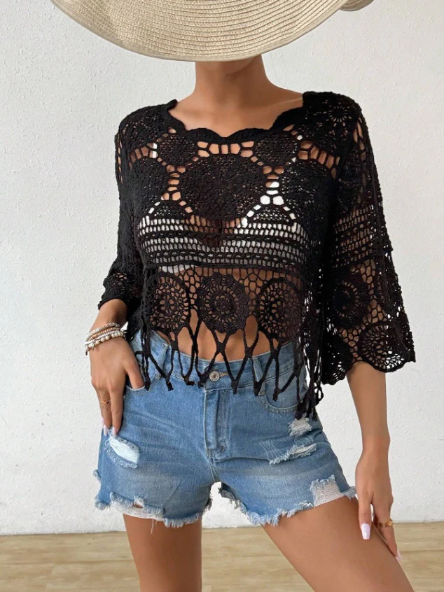 Crocheted Openwork Knit See-through Top, Solid Color Beach Bikini Cover-up - Image 10