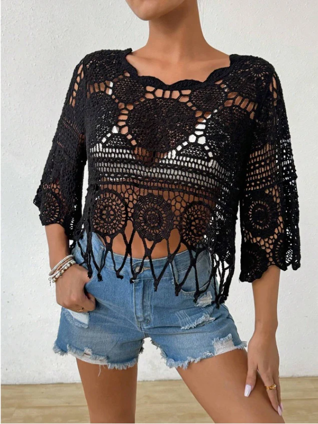 Crocheted Openwork Knit See-through Top, Solid Color Beach Bikini Cover-up - Image 12