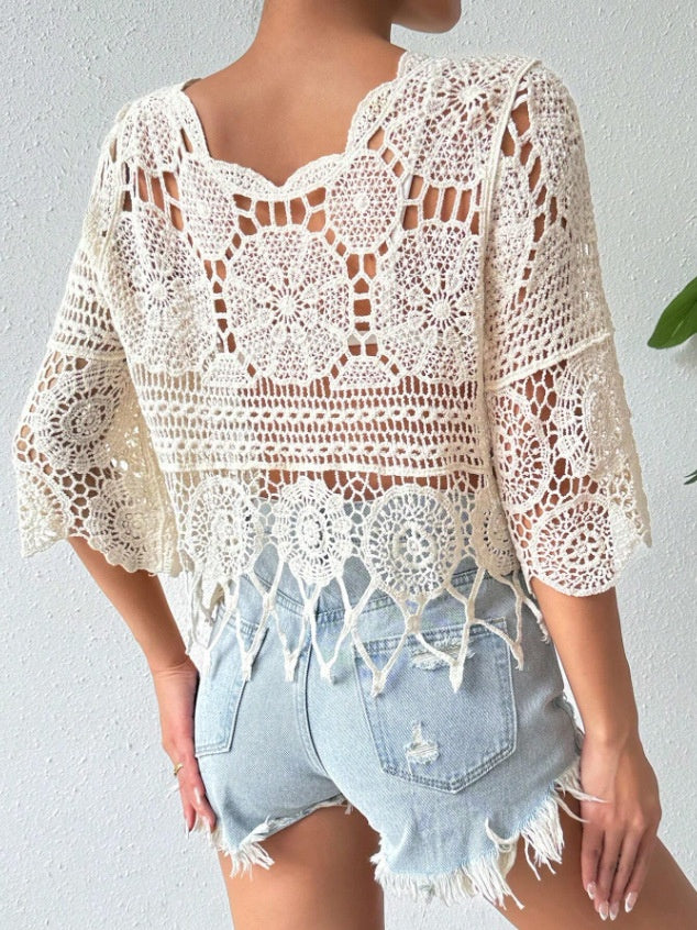 Crocheted Openwork Knit See-through Top, Solid Color Beach Bikini Cover-up - Image 2