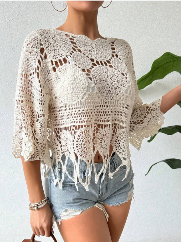 Crocheted Openwork Knit See-through Top, Solid Color Beach Bikini Cover-up - Image 5