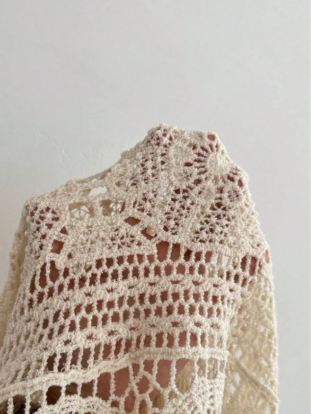 Crocheted Openwork Knit See-through Top, Solid Color Beach Bikini Cover-up - Image 6
