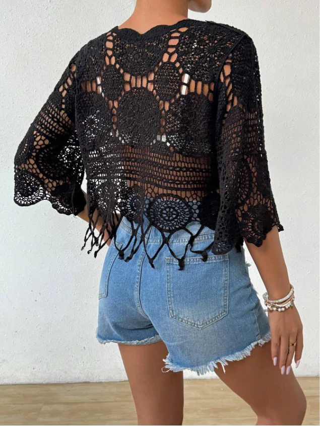 Crocheted Openwork Knit See-through Top, Solid Color Beach Bikini Cover-up - Image 8