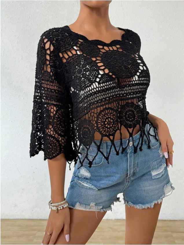 Crocheted Openwork Knit See-through Top, Solid Color Beach Bikini Cover-up - Image 9