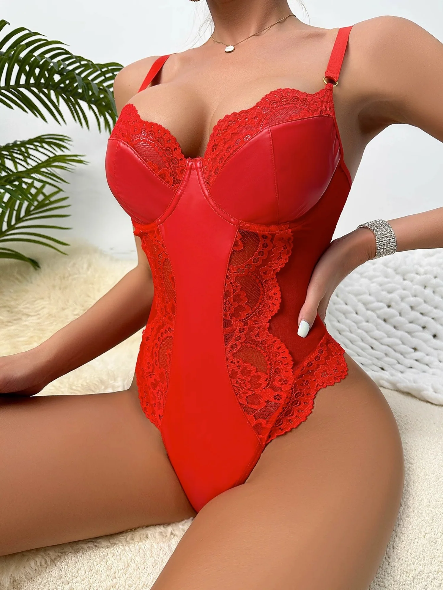 Perforated Lacquer Lace Trim Spaghetti Strap Backless Bodysuits - Image 5