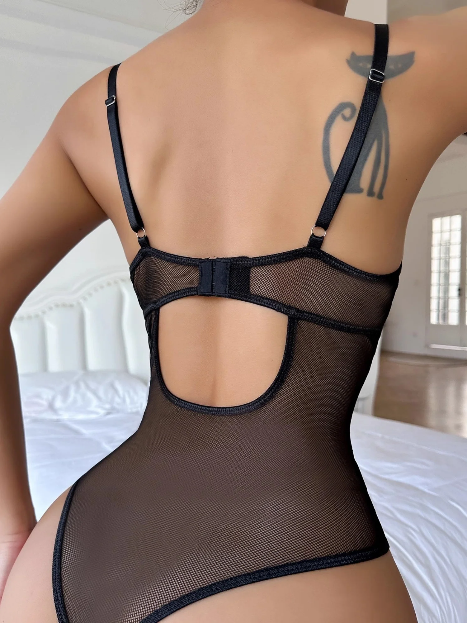 Leopard Print Mesh See-through Spaghetti Strap Backless Bodysuits - Image 2