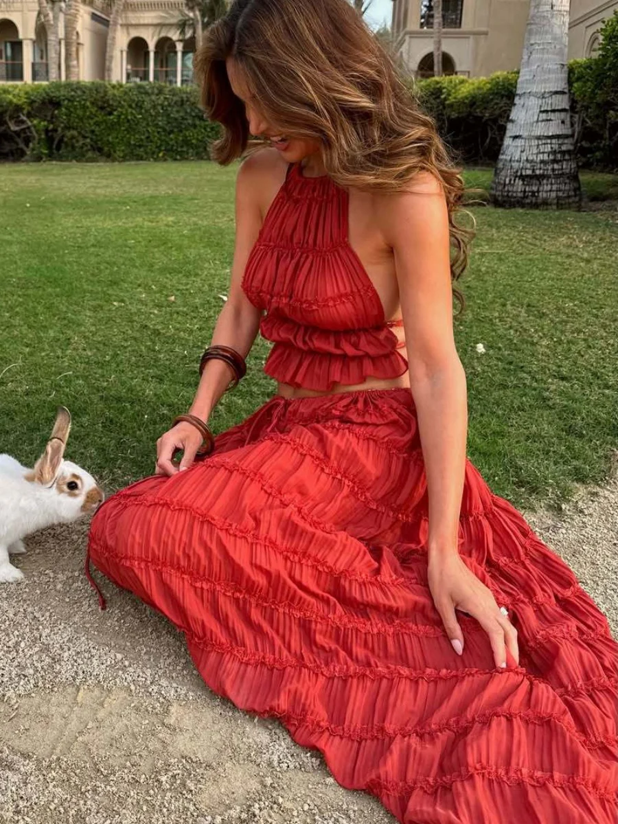 Two-piece Set Of Backless Halter Neck Adjustable Sleeveless Long Dress For Vacation At The Beach - Image 2