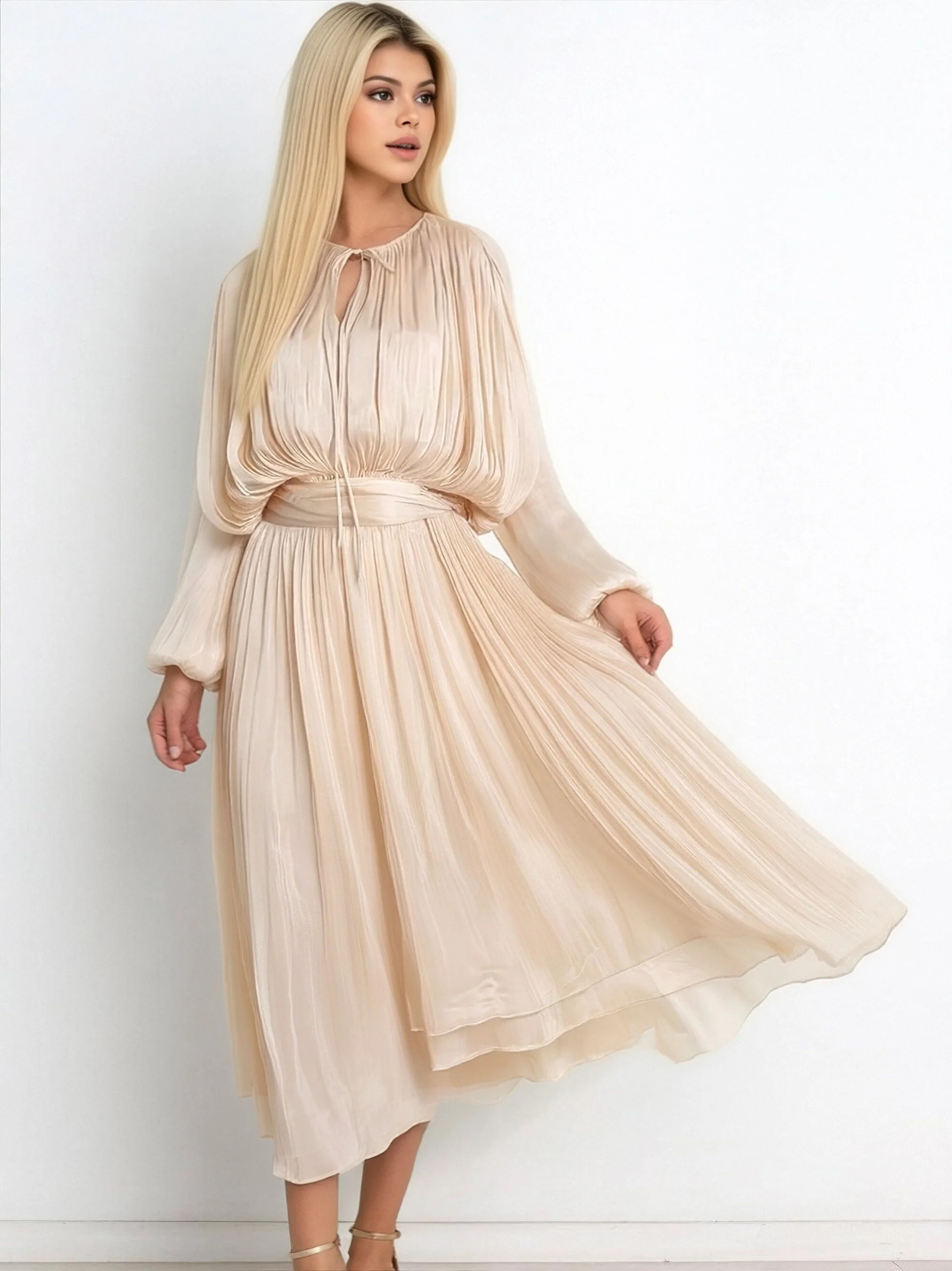 A-line Maxi Dress With Puff Sleeves And Ruched Design - Image 2