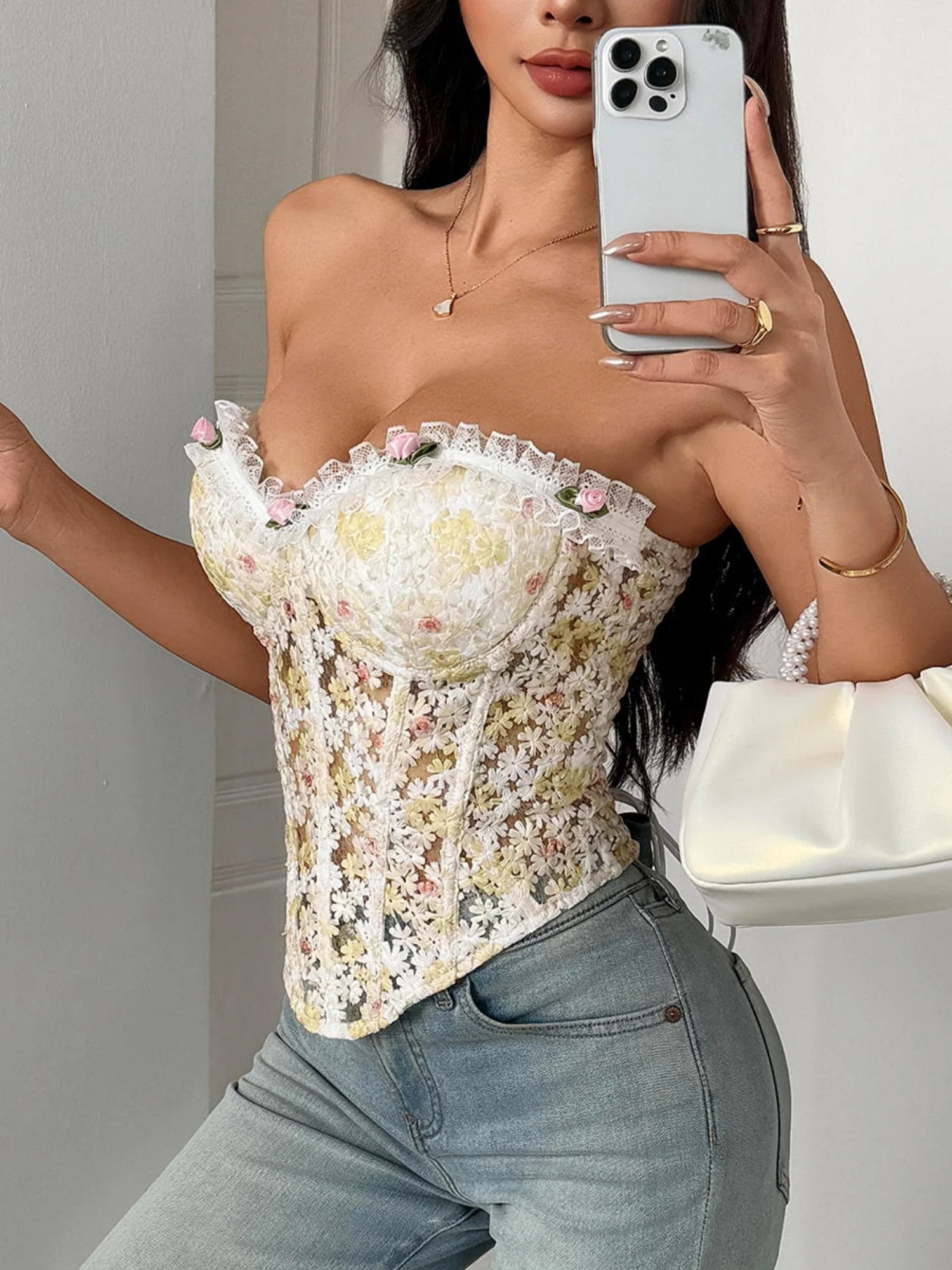 Flower Embroidery See-through Rope Gathering And Cultivating Oneself Strapless Bra - Image 12