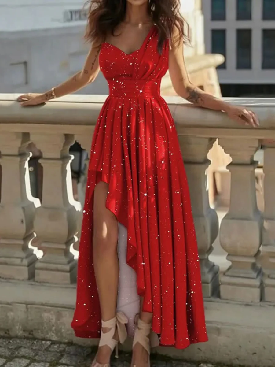 Sloping Shoulders High Waist Formal Dress Irregular Hem Maxi Dresses - Image 3
