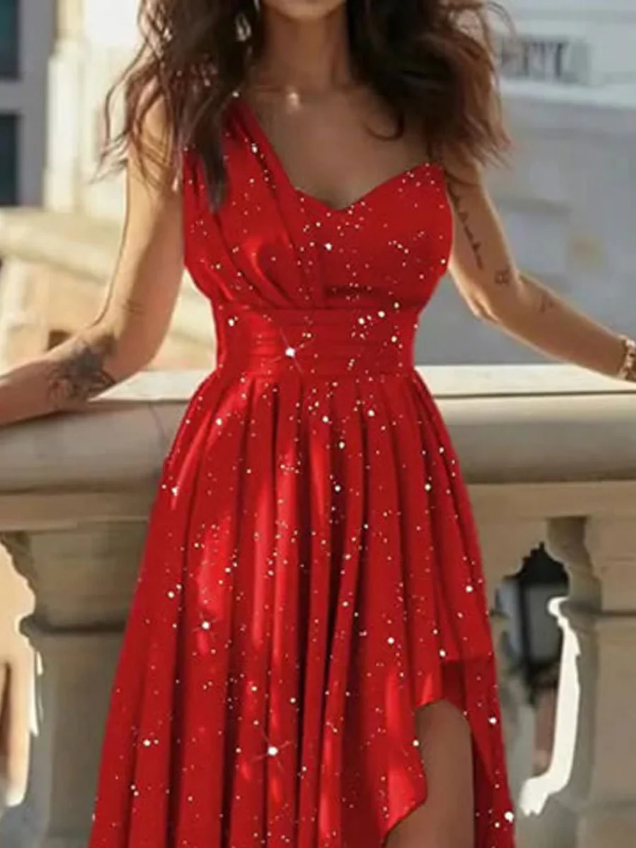 Sloping Shoulders High Waist Formal Dress Irregular Hem Maxi Dresses - Image 4