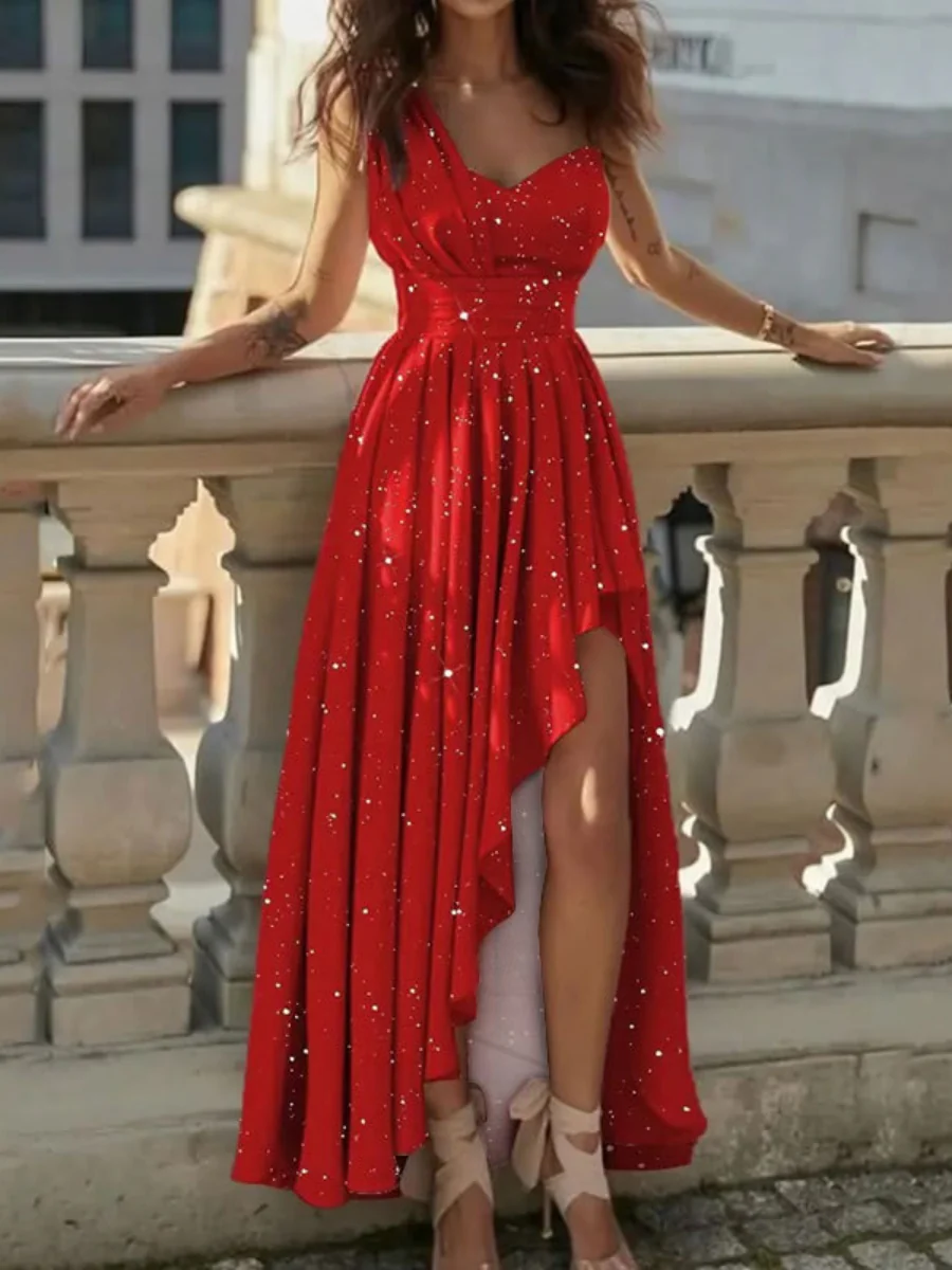 Sloping Shoulders High Waist Formal Dress Irregular Hem Maxi Dresses - Image 5