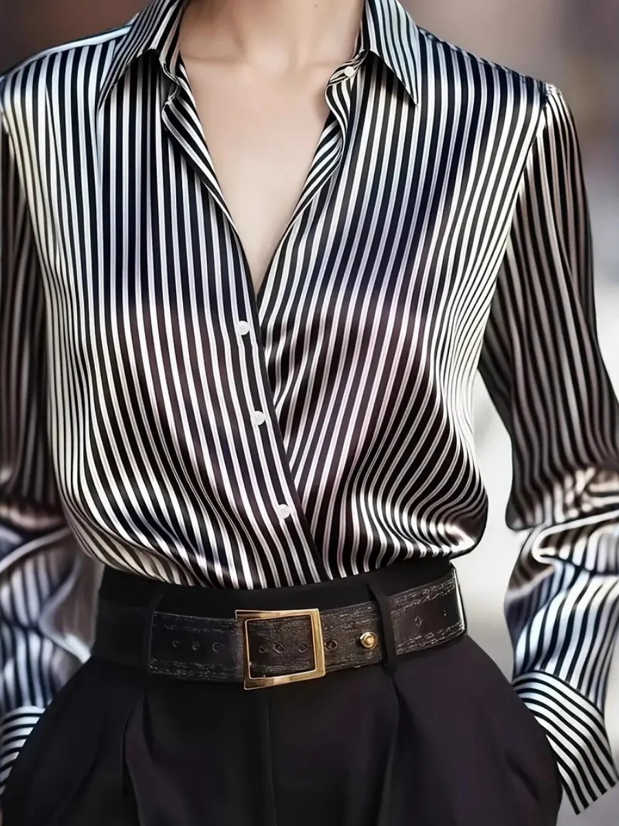 Stripes Single-breasted Slim-fit Satin Casual Shirts - Image 10