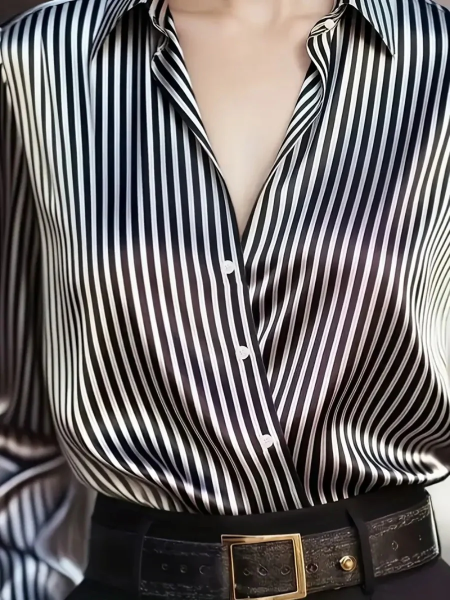 Stripes Single-breasted Slim-fit Satin Casual Shirts - Image 11
