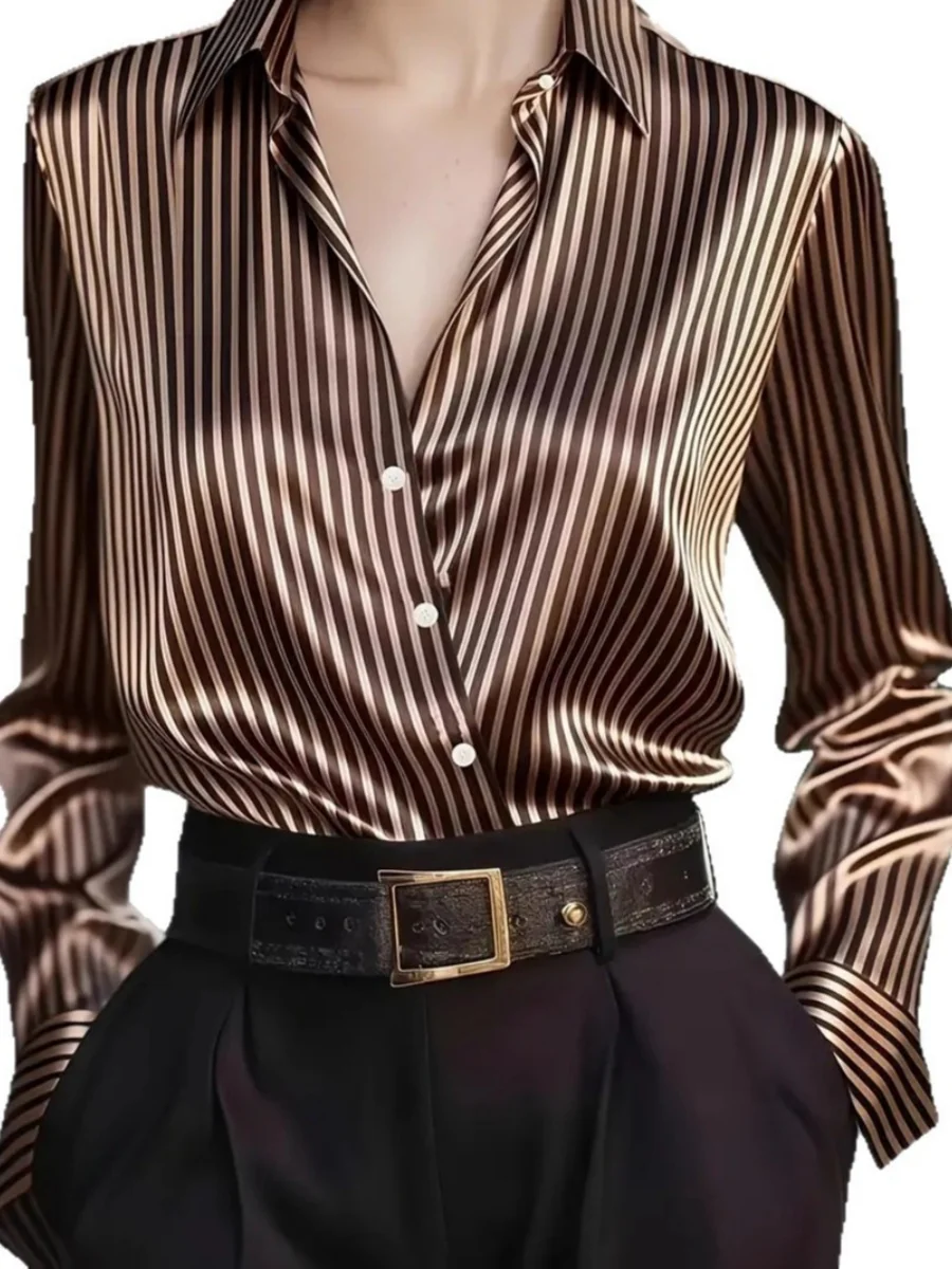 Stripes Single-breasted Slim-fit Satin Casual Shirts - Image 4