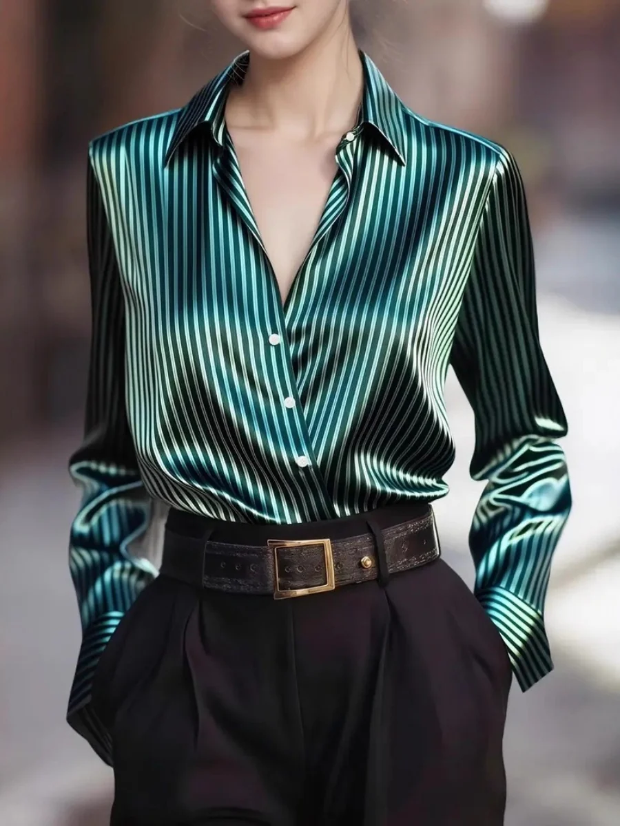 Stripes Single-breasted Slim-fit Satin Casual Shirts - Image 7