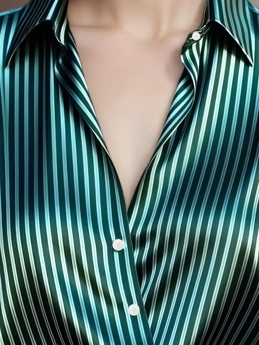 Stripes Single-breasted Slim-fit Satin Casual Shirts - Image 8