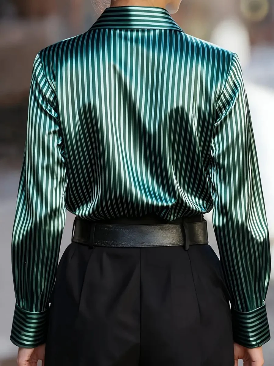 Stripes Single-breasted Slim-fit Satin Casual Shirts - Image 9