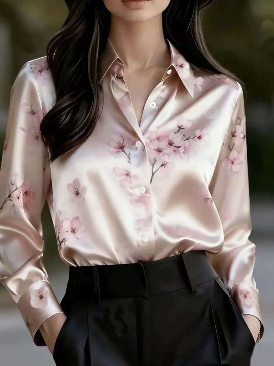 Printed Single-breasted Slim-fit Satin Casual Shirts - Image 3