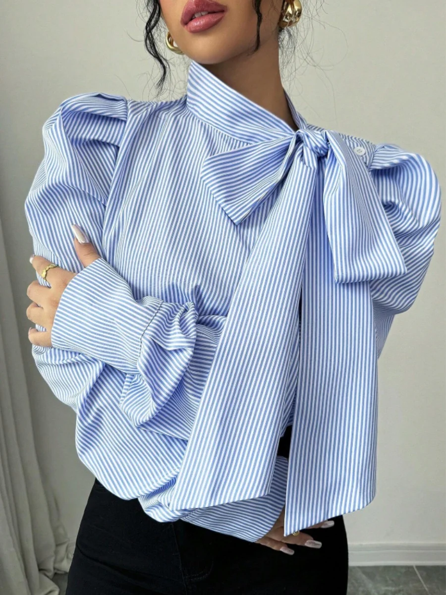 Puff Sleeve Bow Ribbon Stripes Leisure Shirts - Image 2