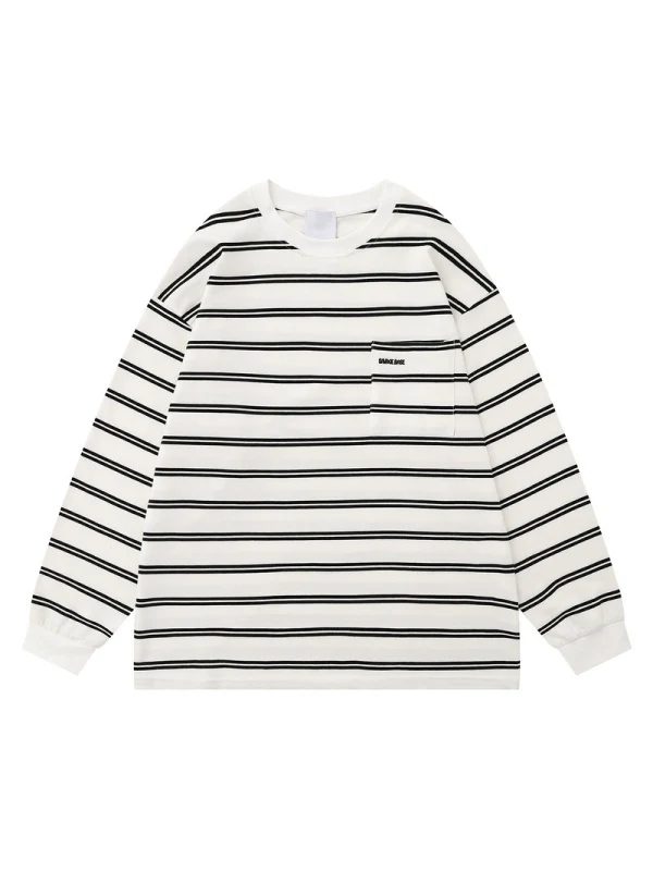 Stripes Color-blocked Embroidery Pocket Loose-fit T-shirts - Image 3