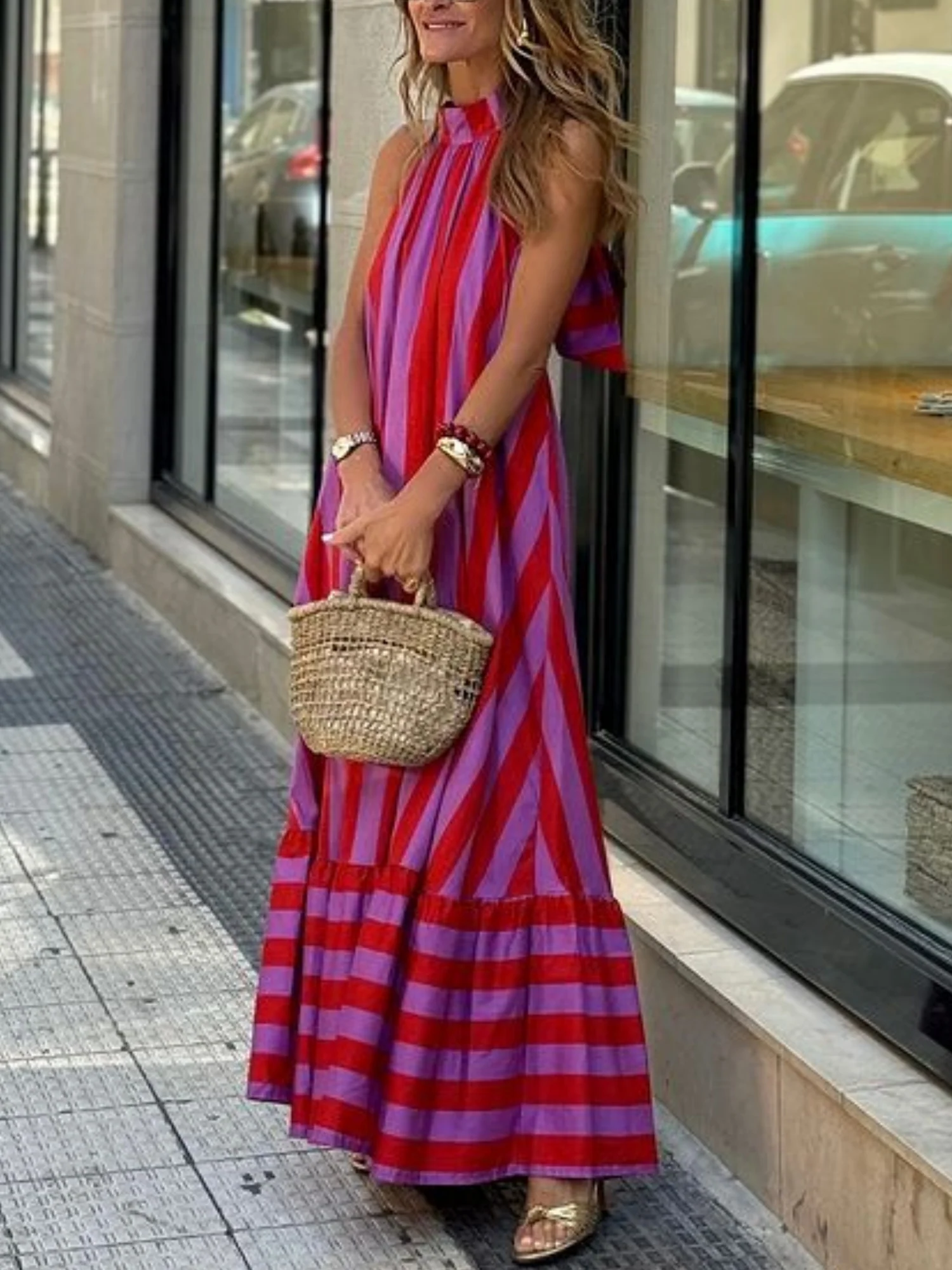 Stripes Halter Neck And Backless Maxi Dresses - Image 2