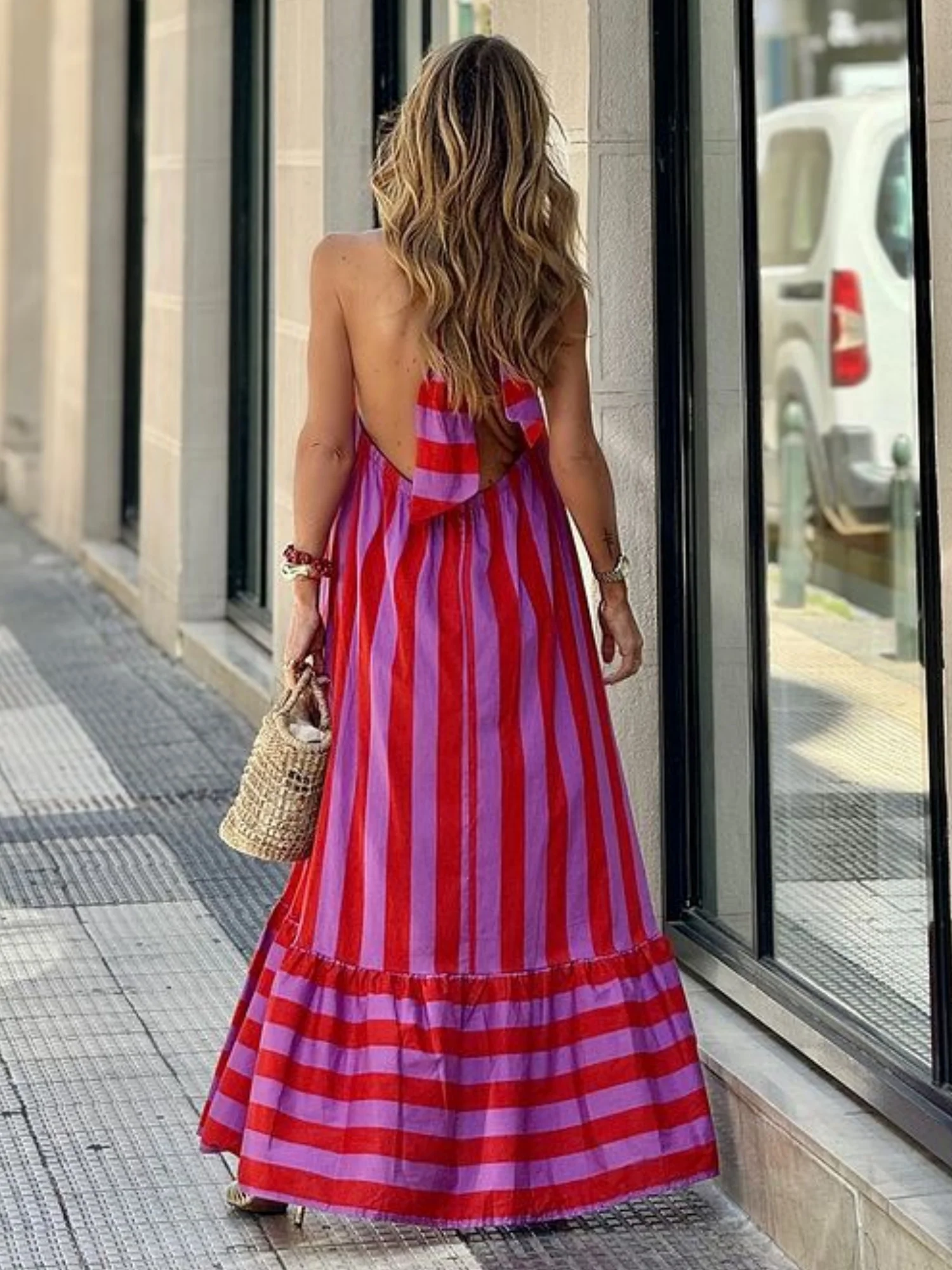 Stripes Halter Neck And Backless Maxi Dresses - Image 3