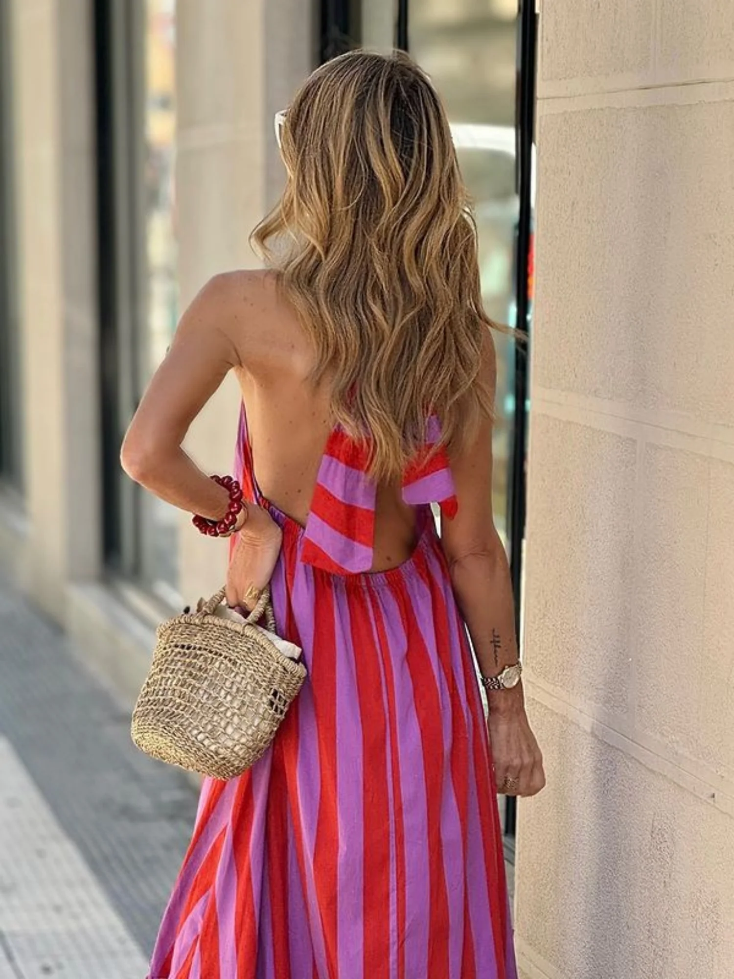 Stripes Halter Neck And Backless Maxi Dresses - Image 4