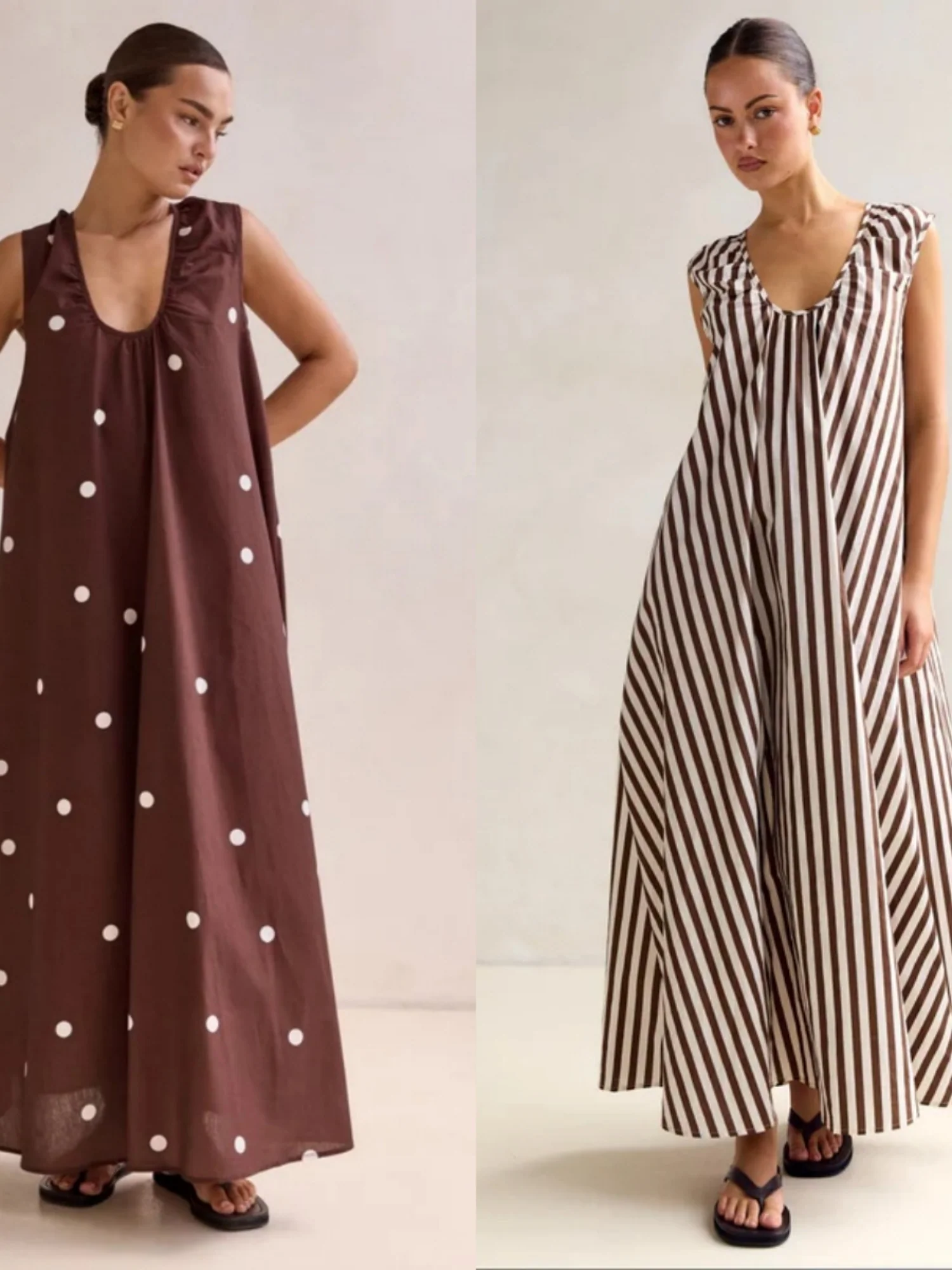 Polka Dots U-neck Sleeveless Large Skirt Maxi Dresses