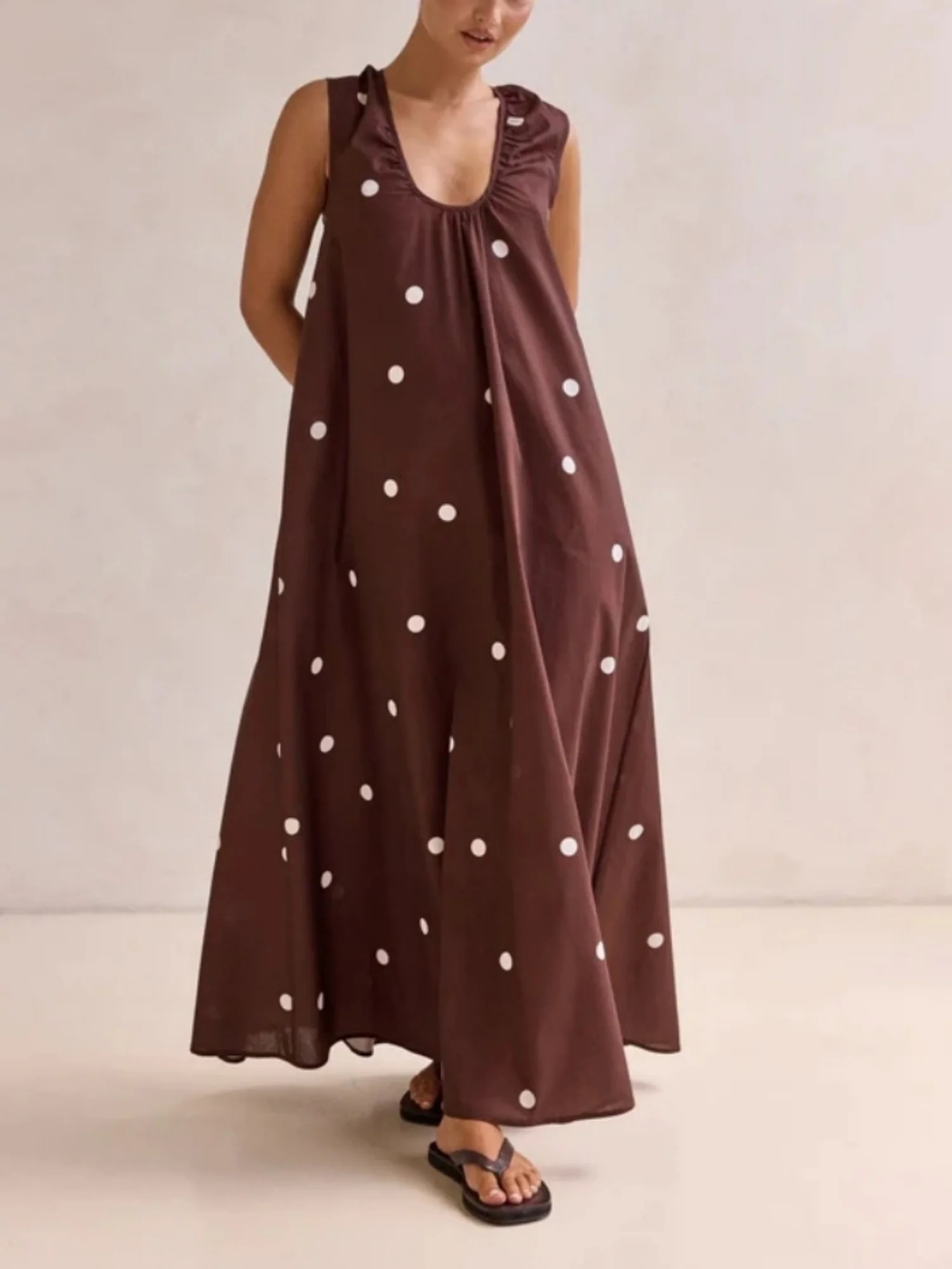 Polka Dots U-neck Sleeveless Large Skirt Maxi Dresses - Image 2