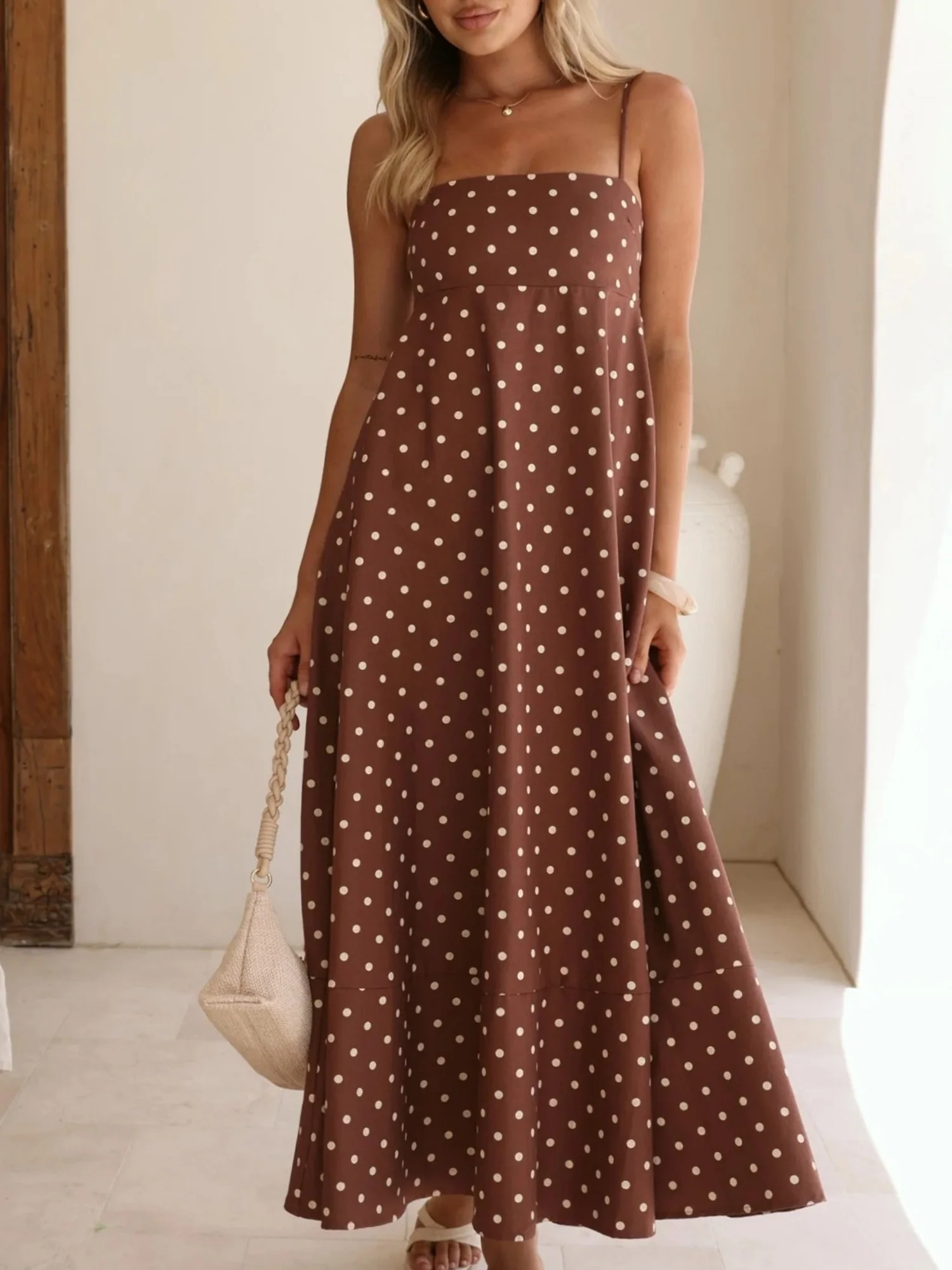 Polka Dots High-waisted Halter Top Large Skirt Maxi Dresses - Image 2