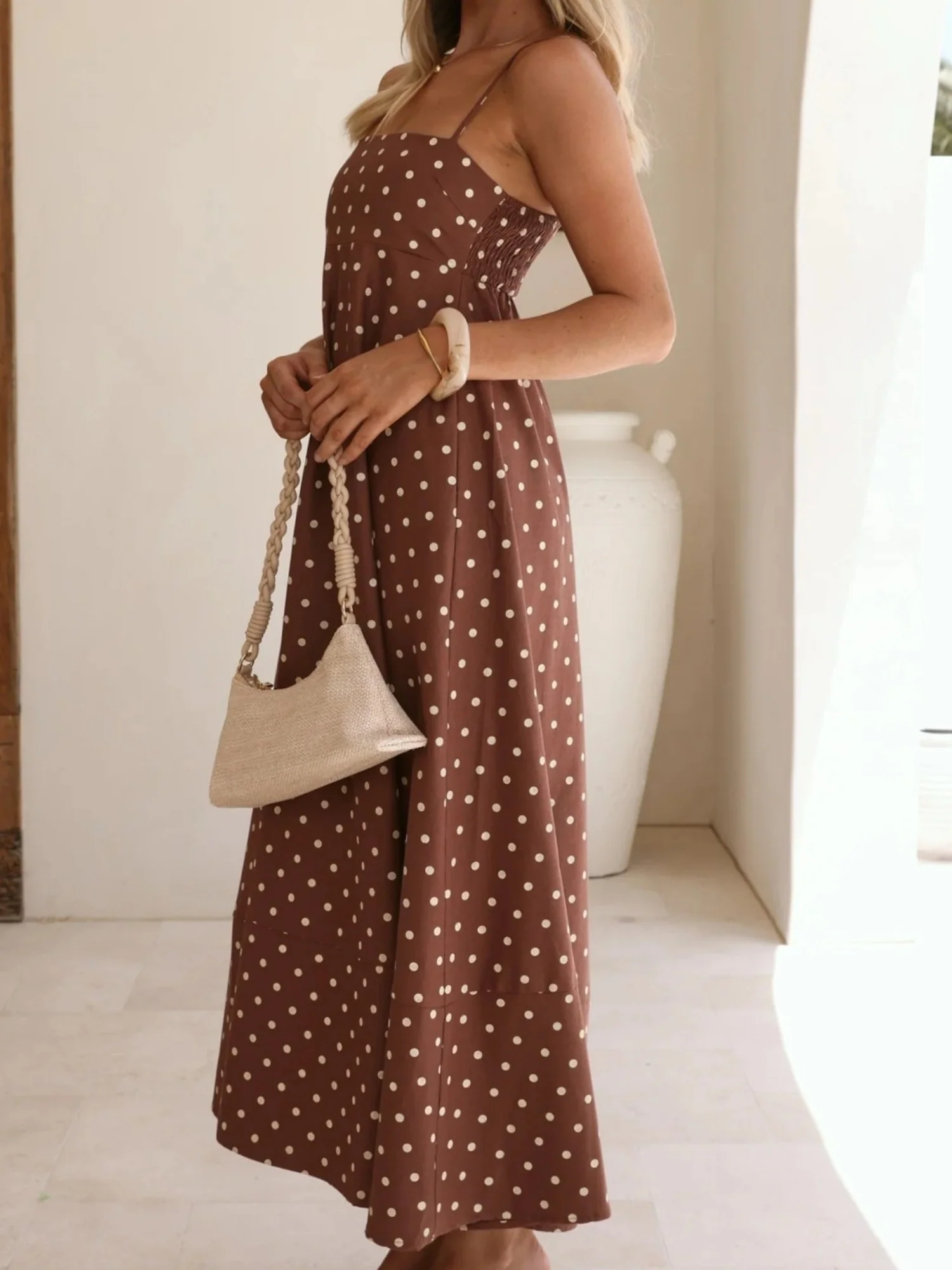 Polka Dots High-waisted Halter Top Large Skirt Maxi Dresses - Image 4