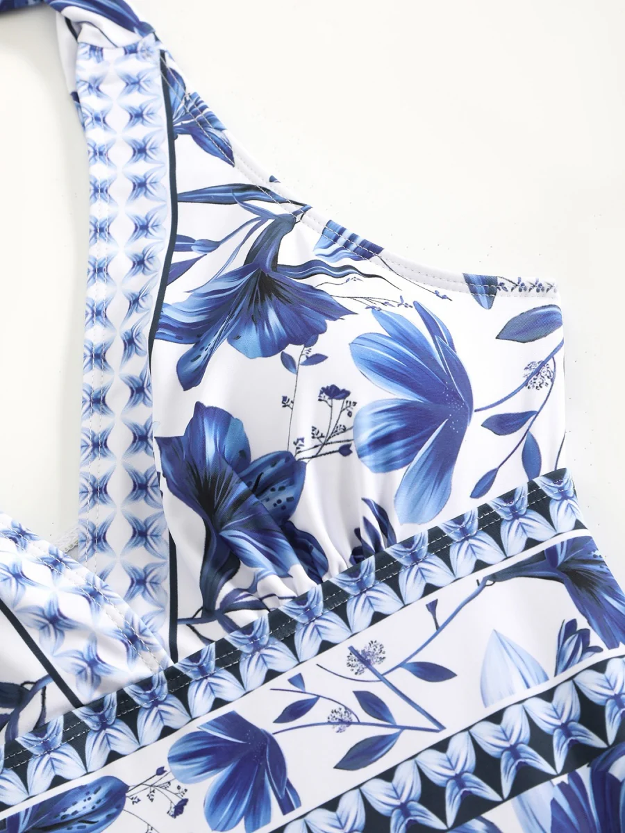 Blue And White Porcelain Print One-piece Slimming And Figure-flattering Long Swimsuit And Sun Protection Dress Two-piece Set - Image 7